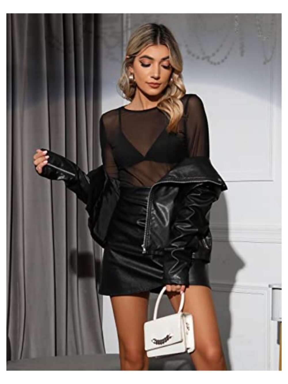 Women's Sheer Mesh Long Sleeve Top Crewneck Slim Fit Blouse Party Clubwear - Picture 2 of 6
